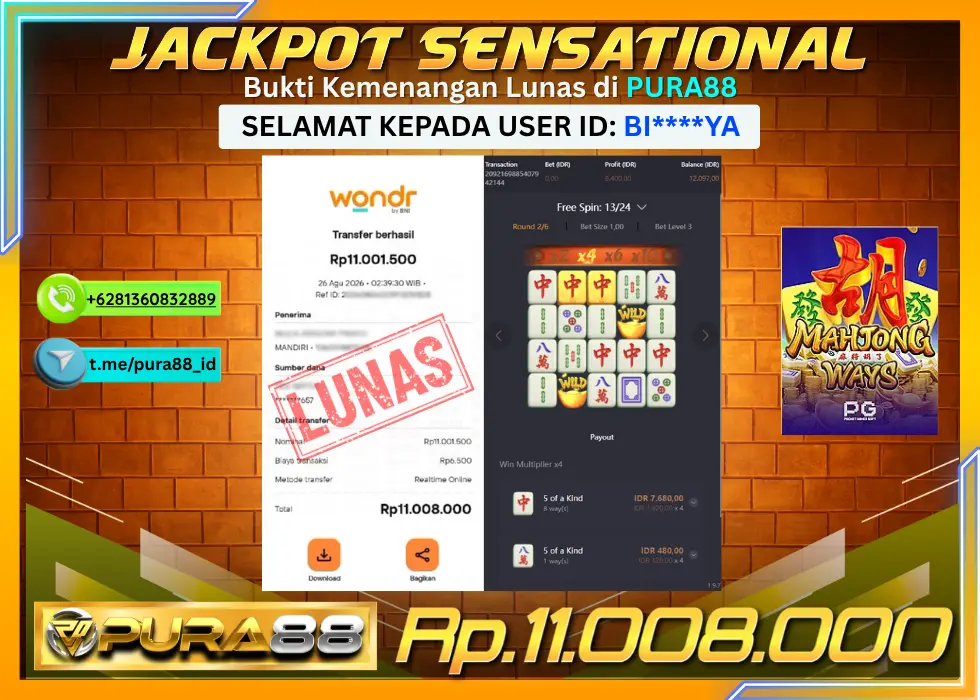 PURA88 JACKPOT MAHJONG WAYS Rp 11.008.000,- LUNAS